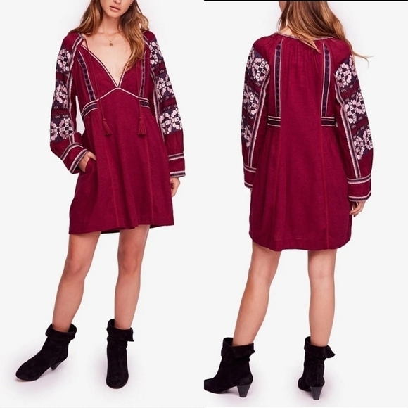 Free People All My Life Embroidered Mini Dress in Bugundy Wine Size Small - Picture 1 of 12